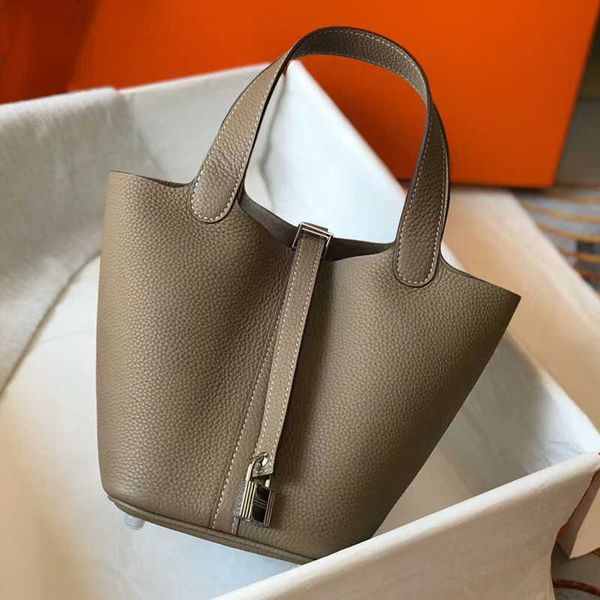 

designer original herms 2023 new style vegetable basket women's bag handheld litchi pattern togo cow leather elephant grey bucket