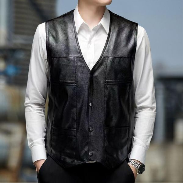 

men's vests waistcoat keep warm faux leather windproof washable plush lining coat for fishing 230309, Black;white