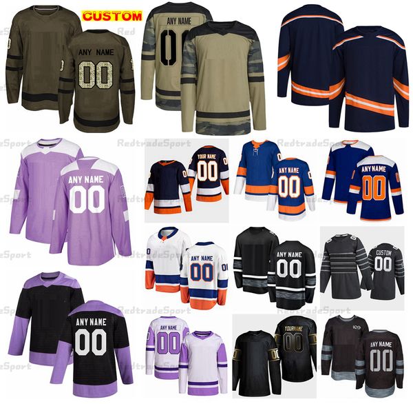 

custom 2022 reverse retro hockey jerseys barzal lee nelson sorokin camo fights cancer bo horvat dobson pageau parise bailey romanov mayfield, Black;red