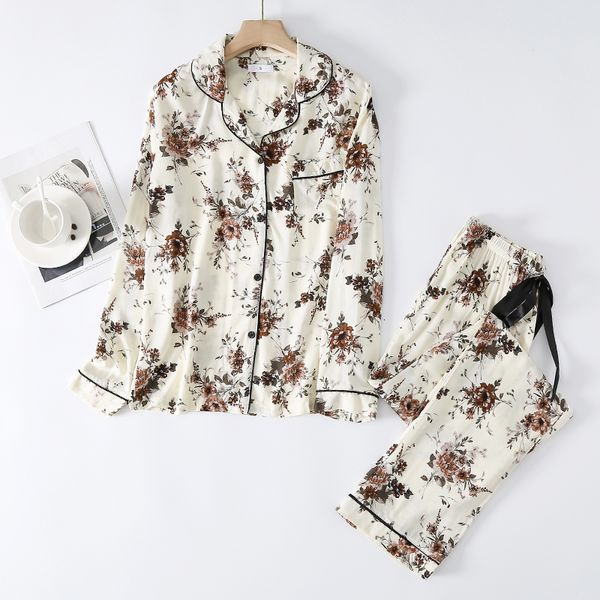 

women's sleepwear 100% viscose pajamas for women flower print home clothes 2pcs set sleepwear female pants nighties pijama suit 230309, Black;red