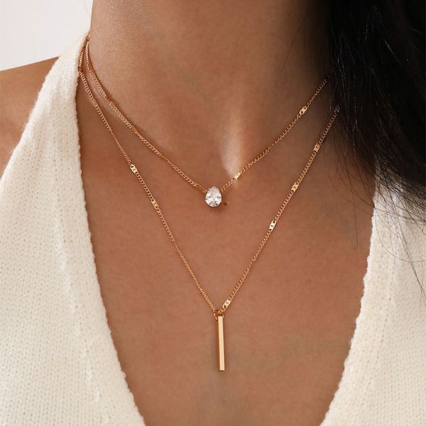 

layered waterdrop necklace pendant handmade 18k gold plated dainty gold choker bar layering long necklace for women, Silver