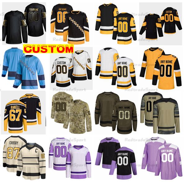 

custom 2023 winter classic reverse retro hockey jerseys granlund rakell zucker rust petry carter camo fights cancer crosby malkin guentzel l, Black;red