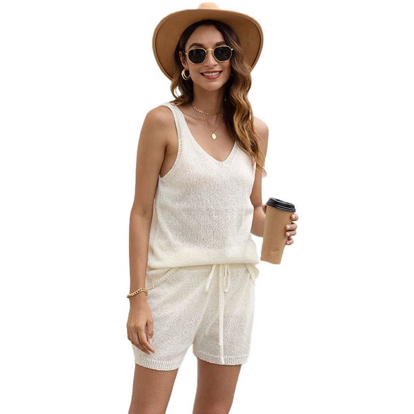 

summer beach knitted women's two piece pants v-neck pullover women's low back short tanks solid color knitwear drawsting short pa, White