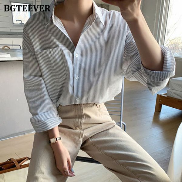 

women's blouses shirts bgteever vintage ladies striped women blouses turn-down collar long sleeve loose female shirts casual femme spr, White