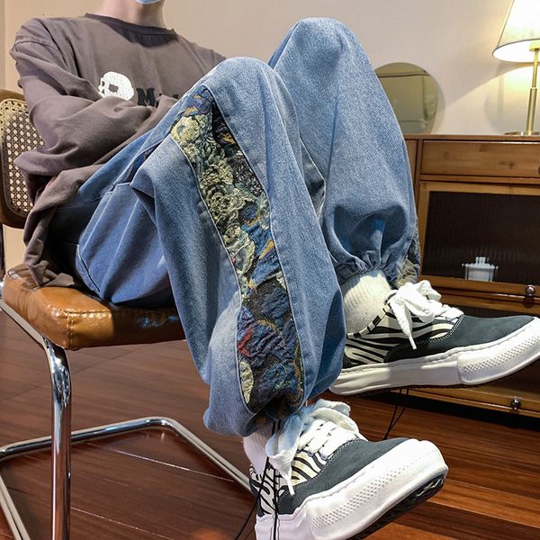 

men's jeans hybskr 2023 patchwork washed drawstring baggy fashion brand denim pants hip hop streetwear harajuku male trousers 230309, Blue