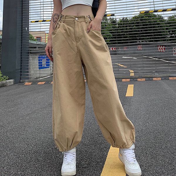 

women's pants capris lucyever fashion high waist cargo pants women khaki adjustable waist drawstring wide leg pants streetwear hip hop, Black;white