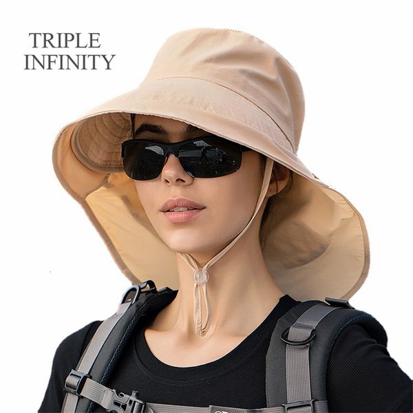 

wide brim hats bucket summer women sunscreen neck protection shawl foldable fisherman tail hole panama outdoor camping hiking hat 230309, Blue;gray