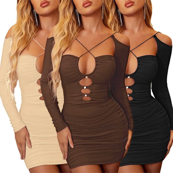 

womens party dress fashionable short club dresses hollow out mesh pleated rhinestone nightclub spring mini skirts long sleeve dress women, White;black