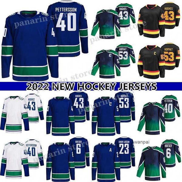 

custom 40 elias pettersson jersey 43 quinn hughes 6 brock boeser 53 bo horvat 10 pavel bure 9 j.t. miller 23 oliver ekman-larsson reverse re, Black;red