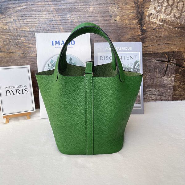 

designer original herms all manual leather bag for women 2023 new bucket tc first layer kraft basket hand sewn wax thread hand