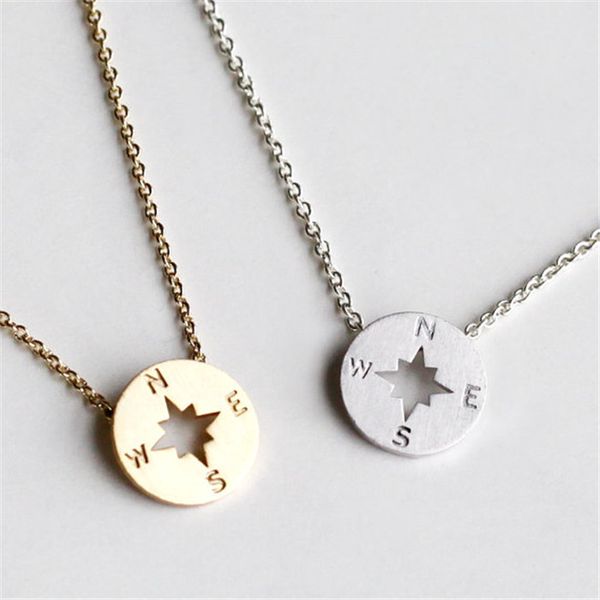 

30cs round direction compass necklace circular guide necklaces simple travel coin disk pendant charm jewelry gifts, Silver