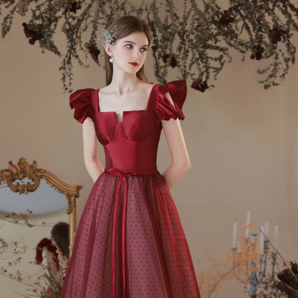 

square collar satin evening dress wine red dot pattern simple off shoulder ruffle sleeve woman girls birthday party prom toast gowns soiree, Black;red