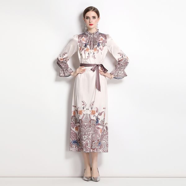 

2023 vintage lace up bow satin maxi dress women designer long sleeve floral print slim cocktail prom blue big swing dresses autumn ladies of, Black;gray