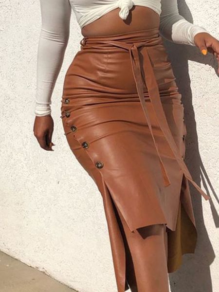 

casual dresse trendy pu leather midi skirt solid color high waist lace up side button slim skinny pencil for ladies streetwear 230309, Black;gray