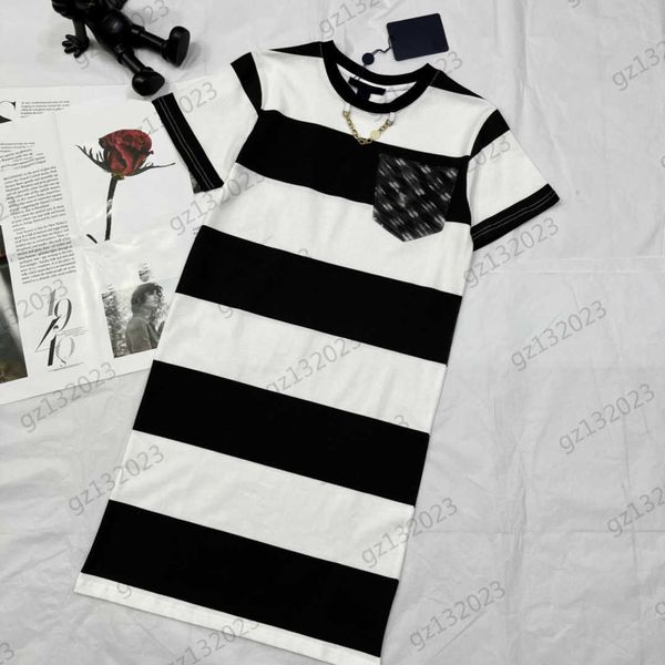

women clothing dress contrasting color stripe trim stitching jacquard pocket short sleeve dress metal chain trim crewneck casual maxiskit su, Black;gray