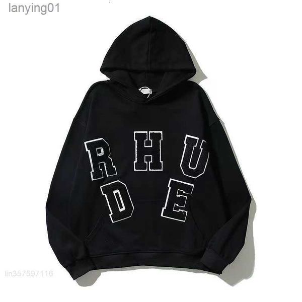 

mens rhude designer hoodie letter-printed long-sleeved street holiday casual clothing 23, Black