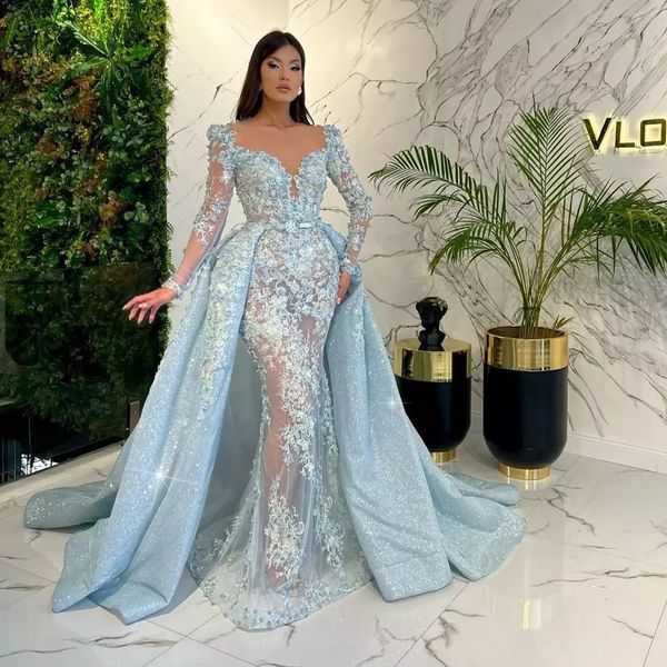 

light sky blue mermaid lace prom dresses plunging neckline beaded evening gowns with detachable train sequined long sleeves formal dress, Black