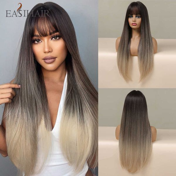 

synthetic wigs easihair brown to blonde ombre synthetic wigs with bangs long straight natural hair women daily cosplay wig heat resistant 23, Black