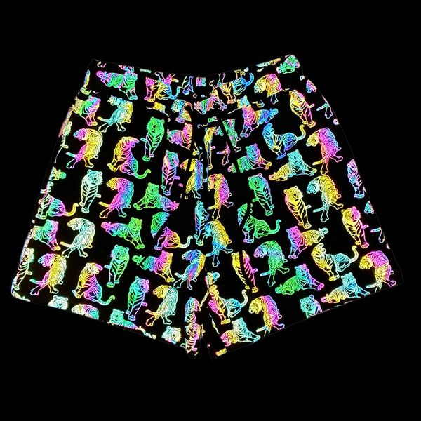 

men's shorts colorful reflective tiger print for men night reflect fluorescent rainbow breathable yoga jogging sporting 230308, White;black