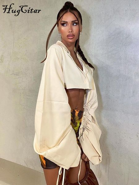 

women s t shirt hugcitar women solid long loose flare sleeve with drawstring single breasted crop autumn y2k streetwear outfit fashion 23030, White