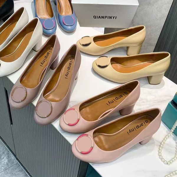 

classic dress shoes designer shoes leather thick heel high heels cowhide round head square metal buckle women high heeled boat shoe large si, Black