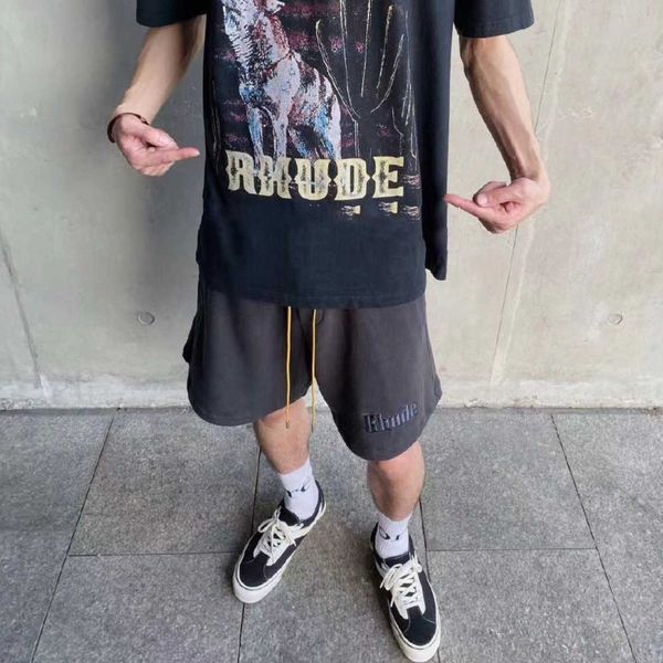 

2023s men shorts men's rhude embroidered solid color high street drawstring with correct version, White;black