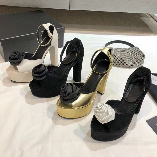 

latest rose flower sandals with interlocking embellished cross ankle strap horseshoe heels, high heels double waterproof platform 13.5cm des, Black