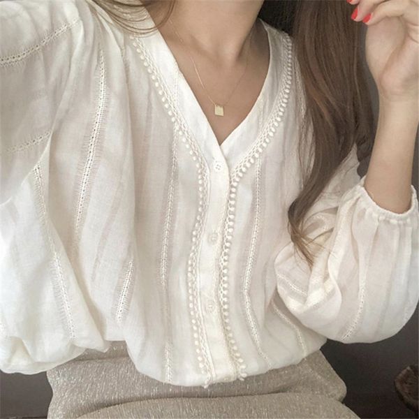 

women's blouses shirts korean casual woman lace blouse autumn v-neck loose shirt women white lantern long-sleeved office shirt solid co