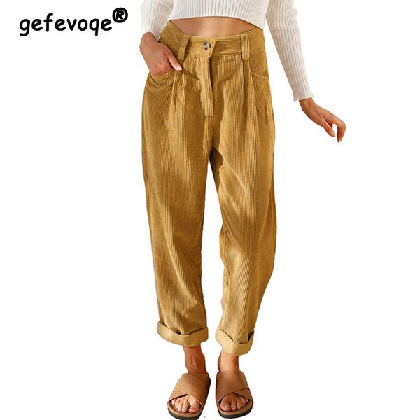

women's pants capris autumn winter women's high waist loose casual corduroy straight pants ladies solid all-match trousers female, Black;white