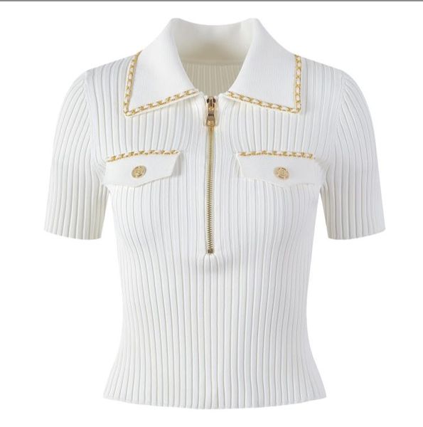 

315 xl 2023 autumn sweaters women's pullover white black khaki sweater lapel neck short sleeve brand same style women's yl12