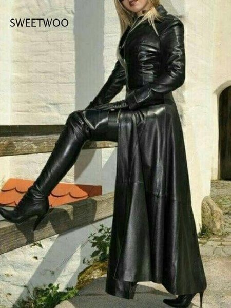 

women's jacket vintage faux leather coat long large size fake trench autumn retro overcoat fashion womens outfit 230309, Black;brown
