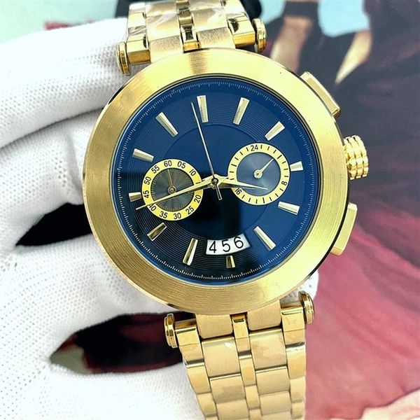 

business men watch shiny gold quartz stainless steel strap fashion quality star style automatic date casual all dial chronograph2942, Slivery;brown