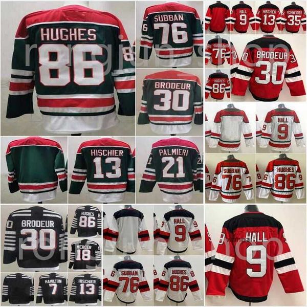 

custom men new jersey hockey 18 dawson mercer jersey 13 nico hischier 7 dougie hamilton 30 martin brodeur 76 pk subban 86 jack hughes 9 tayl, Black;red
