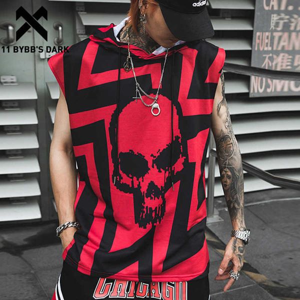 

11 bybb' dark hip hop tank shirt hoodie men summer sleeveless skull printed color block punk vest casual streetwear, White;black