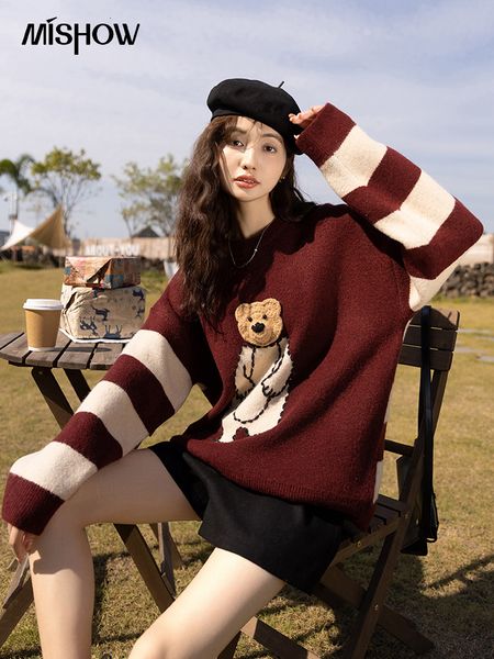 

women's knits tee's tees mishow color contrast sweater winter bear round neck office lady thick loose female clothes pullover 2303, White