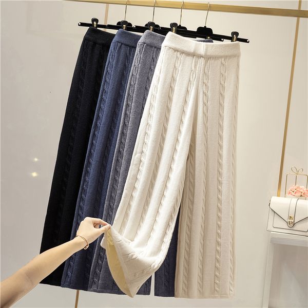 

women's pants capris twist knitted wide leg pants women warm casual loose elastic waist long trousers solid sweatpant high qulaity spri, Black;white