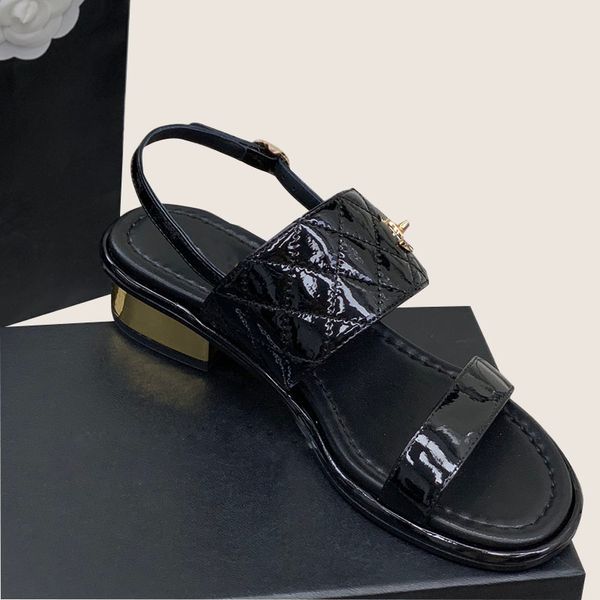 

womens chunky heels sandals designer quilted texture round toes patent leather slipper adjustable ankle buckle dress shoe slingbacks slide l, Black