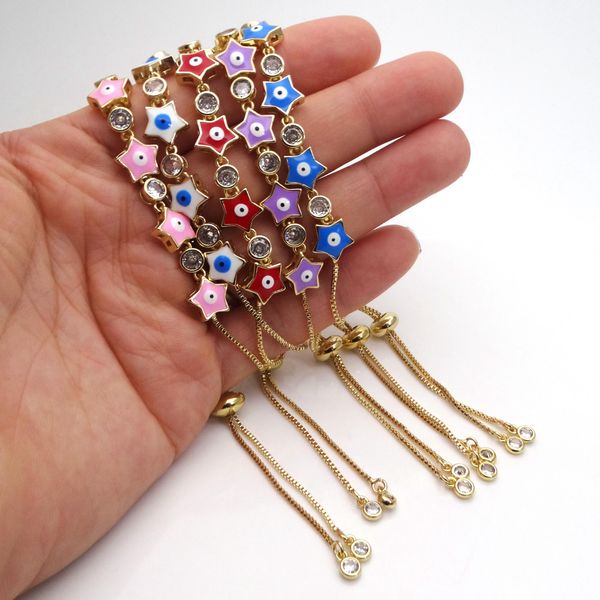 

inlay zircon copper drop color paint devil eyes push-pull bracelet five-pointed star magic eye bangle fashion jewelry bracelet, Golden;silver
