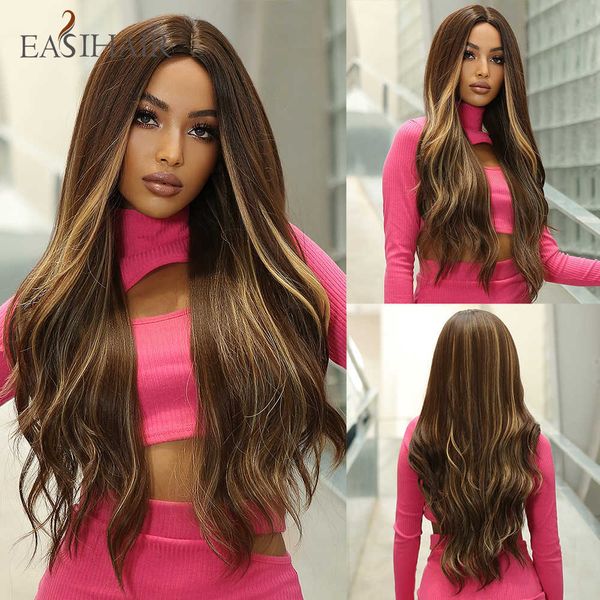 

synthetic wigs easihair long brown synthetic wigs blonde highlight natural hair middle part for black women wavy cosplay heat resistant 2302