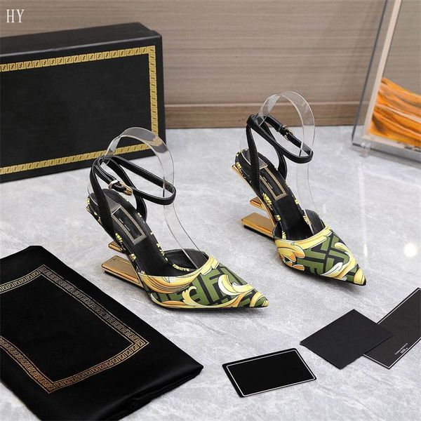 

designer luxury v x f fendace jacquard multicoloured first leather high-heeled slingbacks pumps with original box, Black