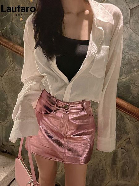 

skirts lautaro summer autumn pink silver reflective shiny patent leather mini for women high waist a line short y2k clothes 230309, Black