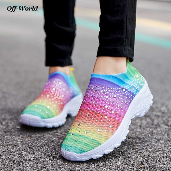 

dress shoes women vulcanized shoes women sneakers slip on flats shoes knit rainbow women loafers plus size 3543 walking flat, Black