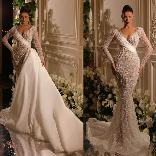 

exquisite pearls mermaid wedding dresses elegant full sleeve bridal gown with detachable train dress vestido de novia, White