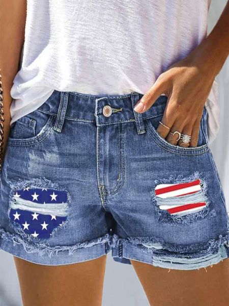 

women's jeans 2023 summer american flag star striped ripped hole denim shorts high waisted frayed raw hem casual with pockets 230308, Blue