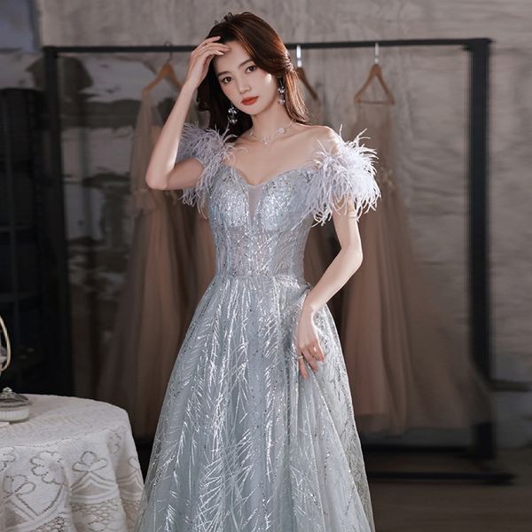 

off shoulder silver evening dresses feather summer a line elegant tulle sequin sweetheart ceremony prom party gowns soiree new, Black;red
