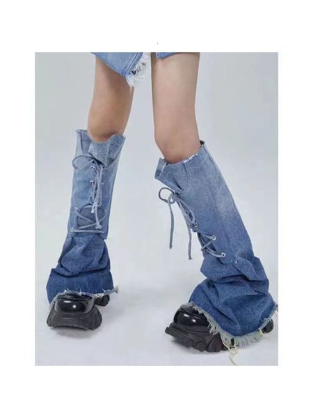 

women's jeans y2k fashion women leg warmers socks punk rock denim harajuku adjustable knee high japanese streetwear cover 230308, Blue