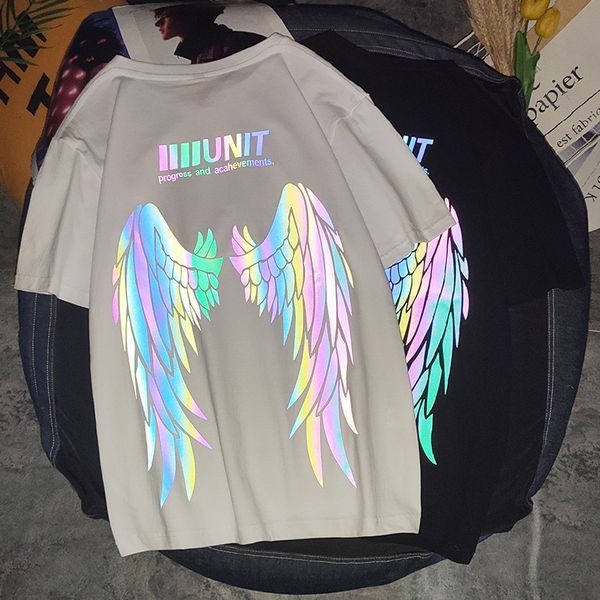 

men s t shirts hip pop loose o neck wing reflective print plus size short sleeve graphic t shirts streetwear 230308, White;black