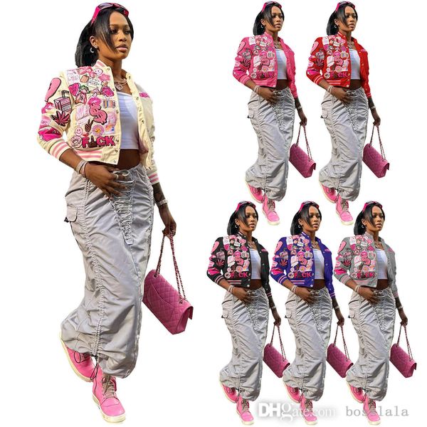 

popular women jackets spring autumn short style outerwear baseball long sleeve printed streetwear coats, Black