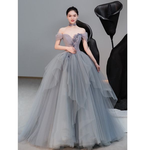 

luxury grey blue evening dress v-neck off the shoulder a-line 3d flower appliques zipper tulle backless gorgeous prom party gown, Black;red