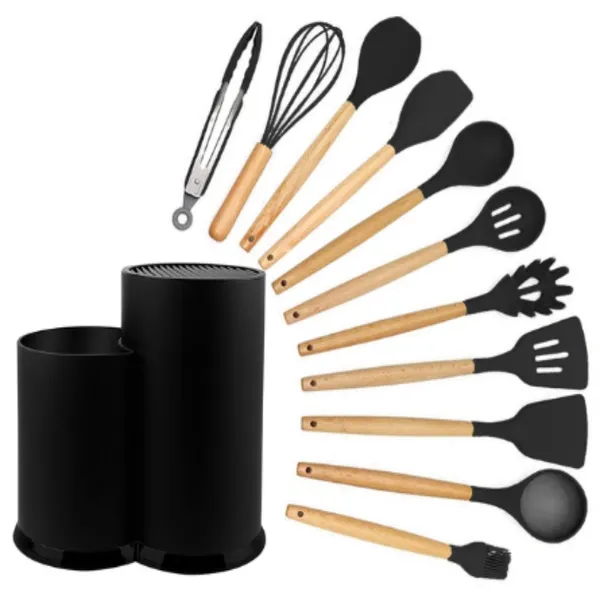 

new silicone cooking utensil set wooden handle spatula soup spoon brush ladle pasta colander non-stick cookware kitchen tools